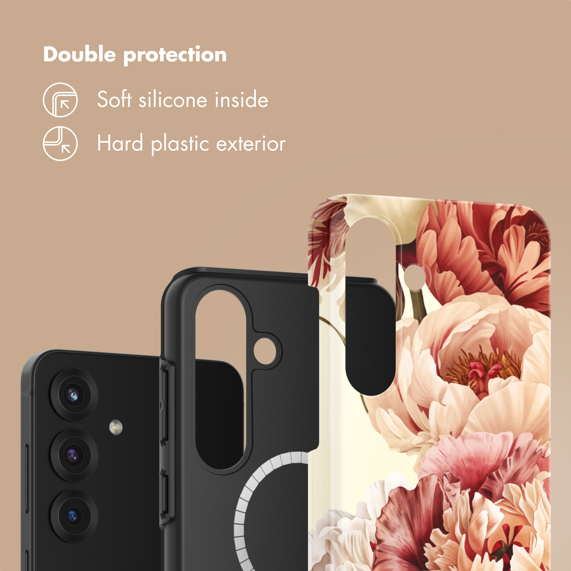 Funda para teléfono con interior de silicona suave y exterior de plástico duro con arte floral.