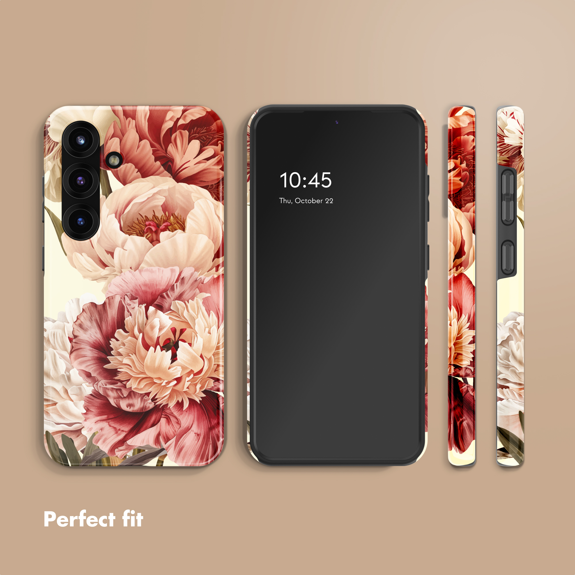 Smartphone con funda floral en tonos rojos y rosas, visto desde el frente, la parte trasera y los lados.