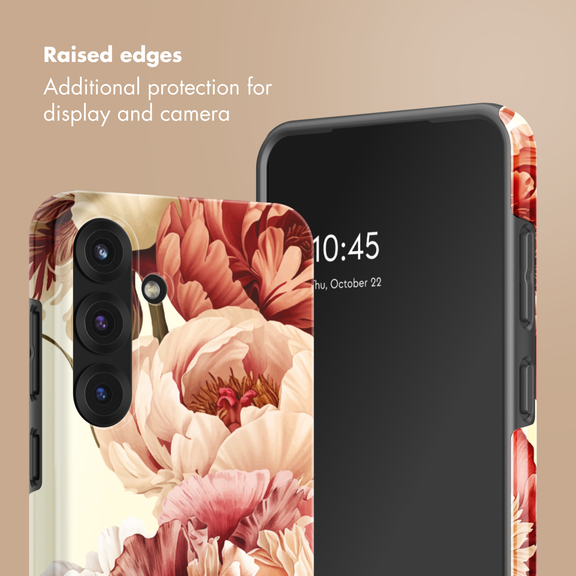 Dos teléfonos móviles en fundas con patrones de flores rojas y crema.