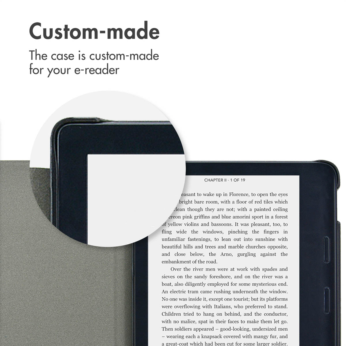 Een e-reader in een op maat gemaakte grijze hoes toont tekst, met een cirkelvormige inzet op de hoek.