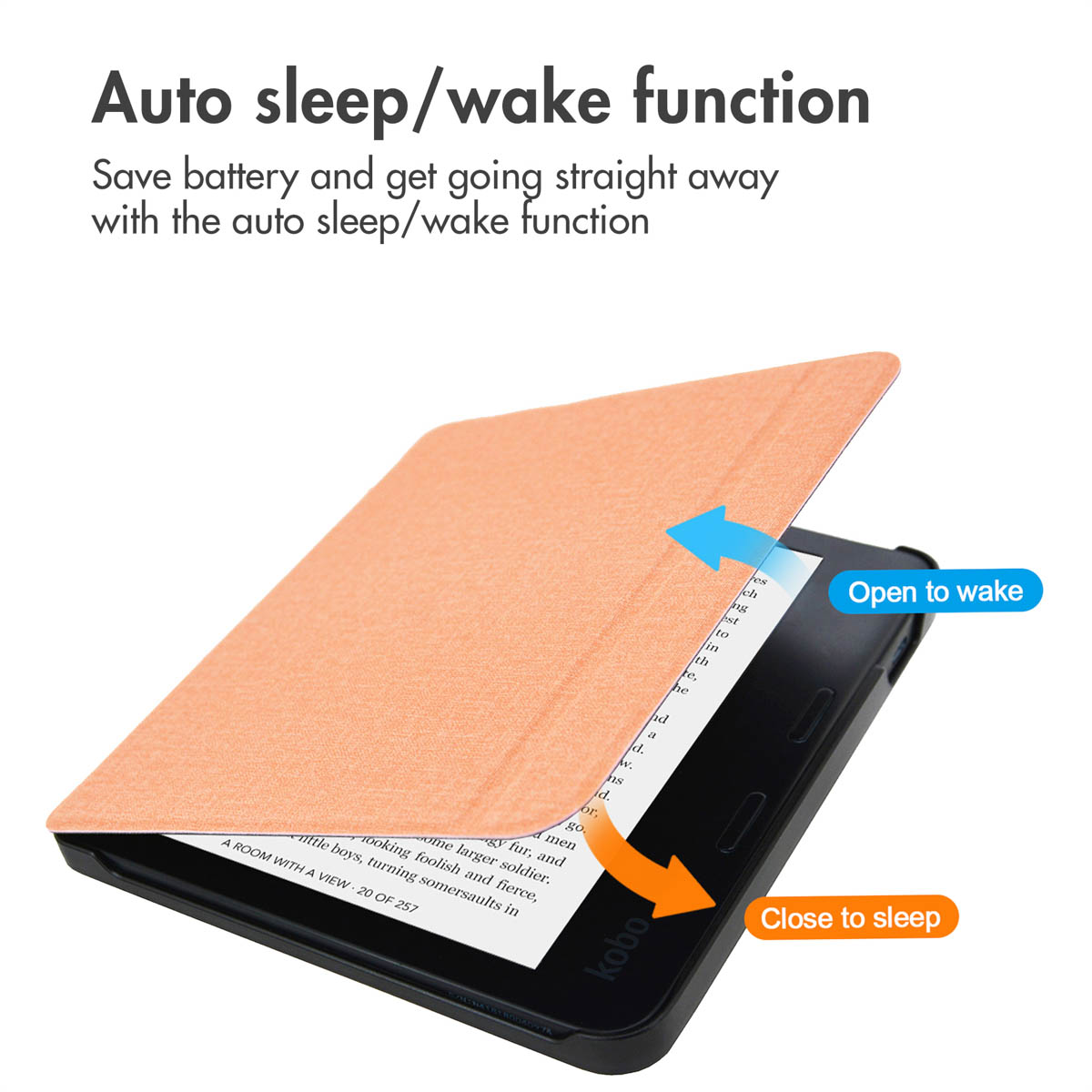 Een oranje Kobo e-reader met openende hoes, die automatische slaap- en waakfuncties demonstreert.