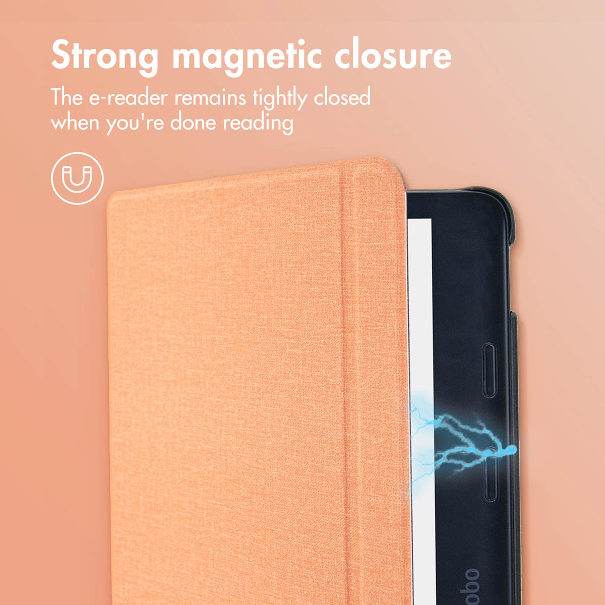 Perzikleurige e-readerhoes met sterke magnetische sluiting.