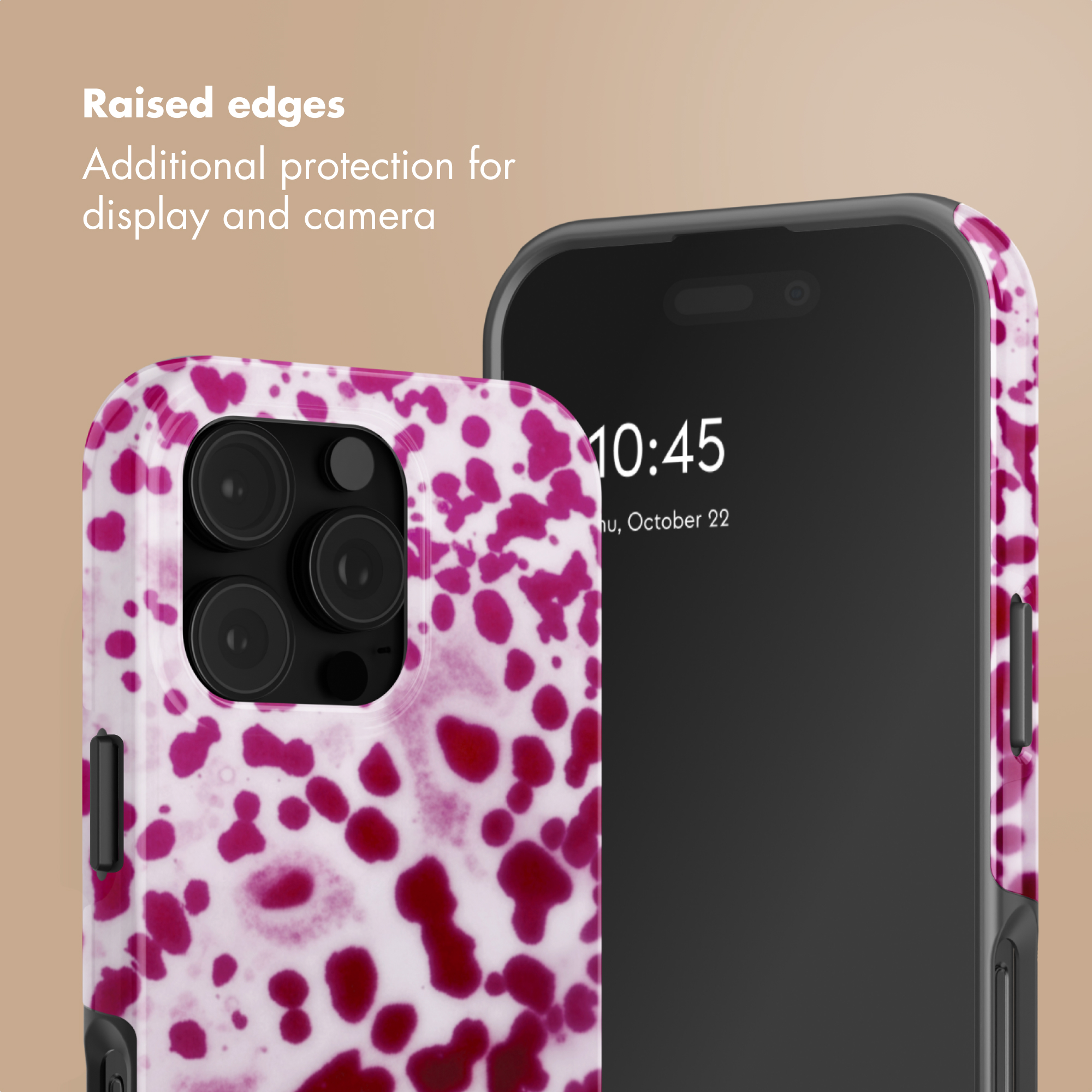Smartphone in custodia protettiva con motivo dalmata rosa su sfondo beige.