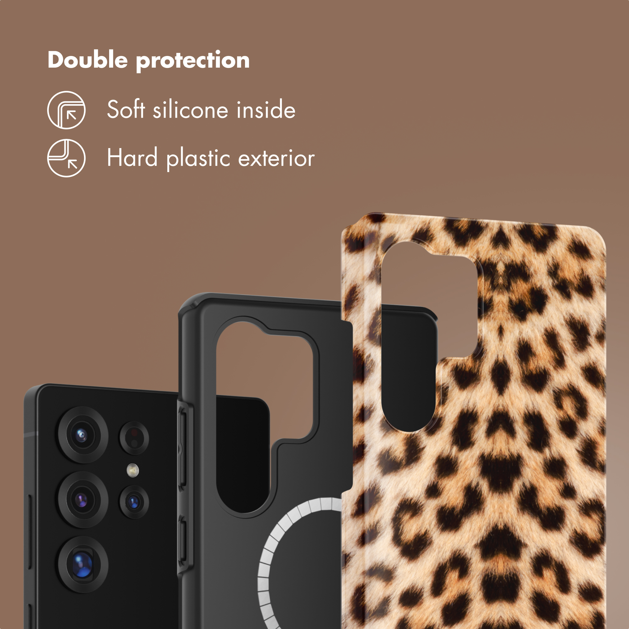 Doppia protezione: silicone morbido all'interno e plastica rigida leopardata all'esterno.