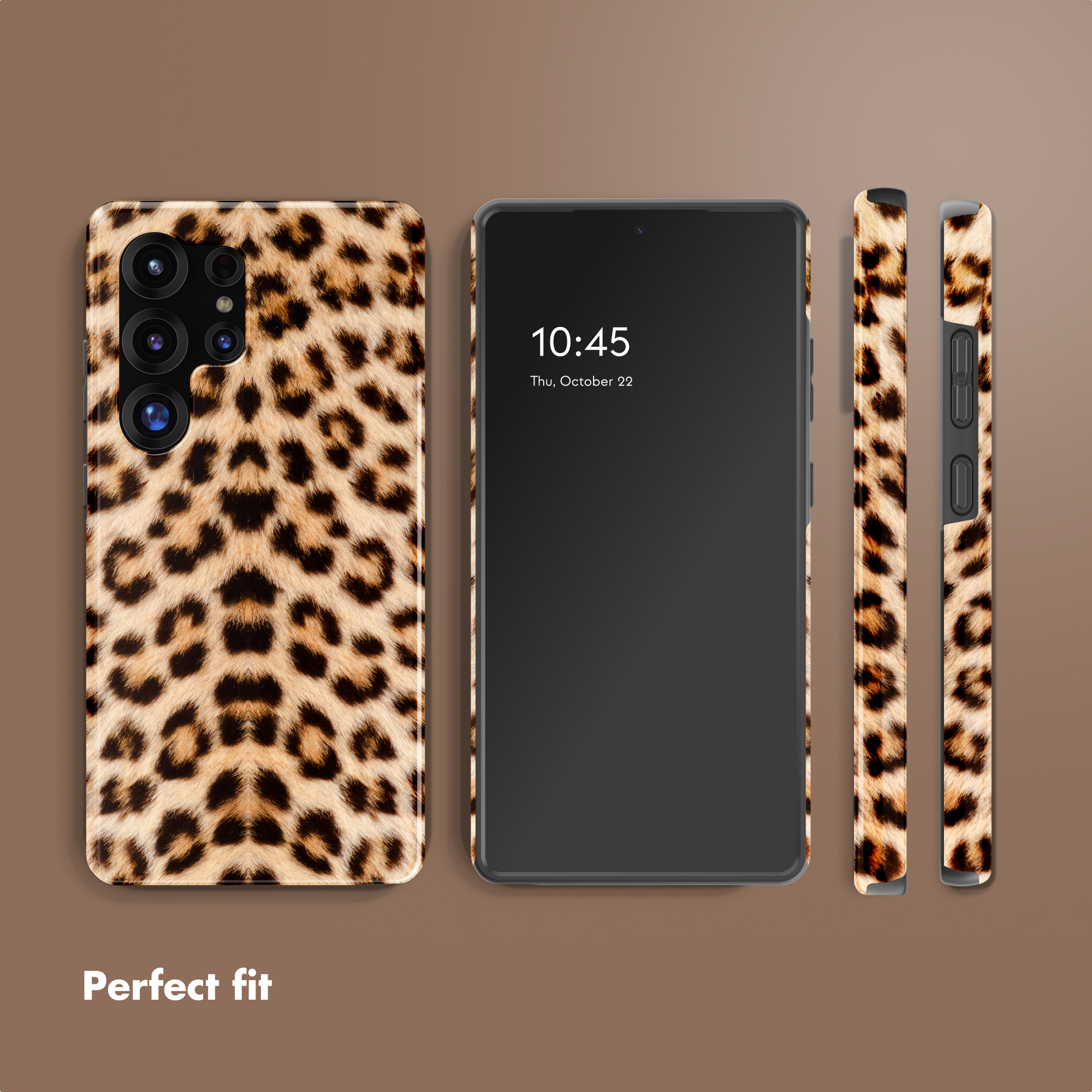 Smartphone con custodia leopardata mostrato da varie angolazioni con il testo Perfect fit.