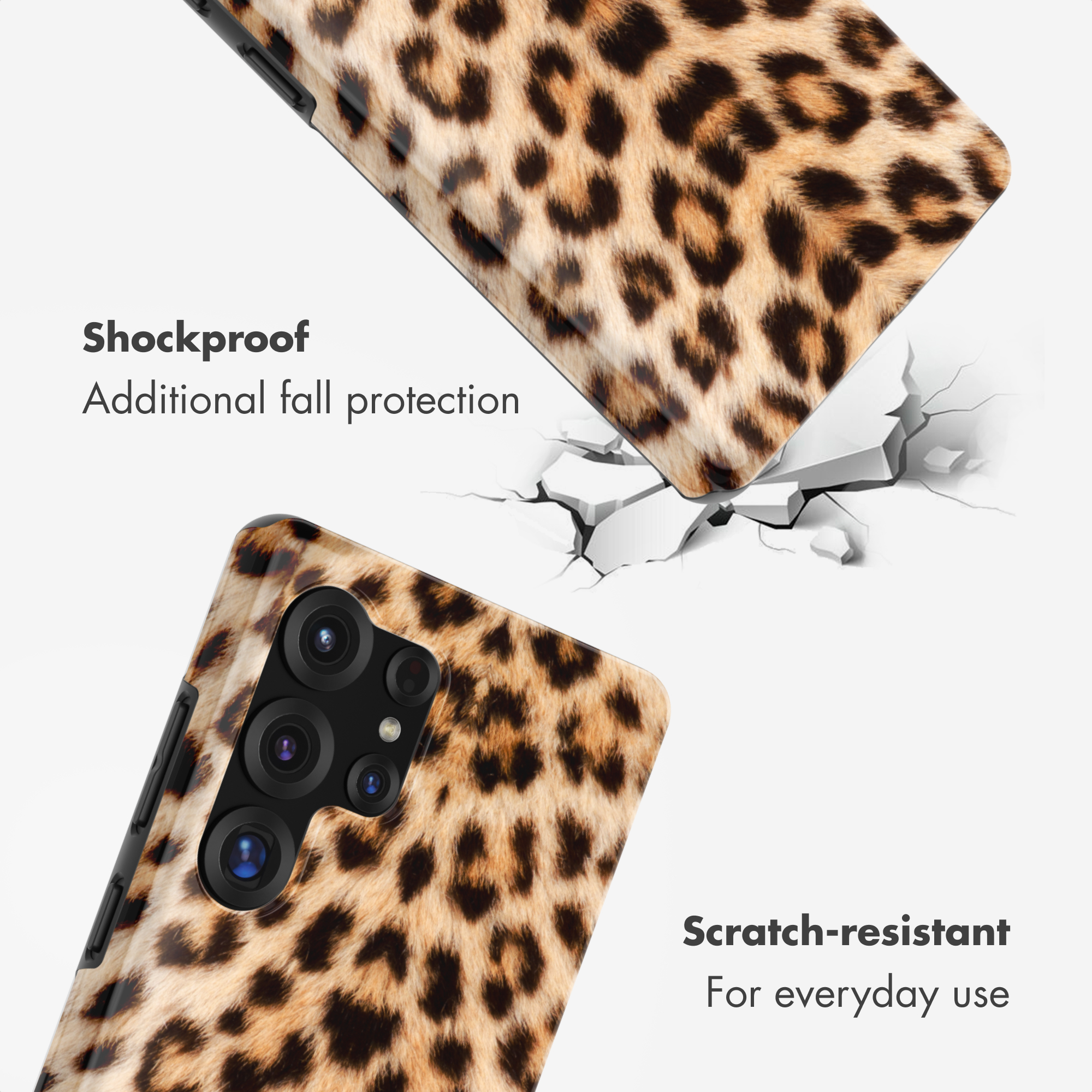 Cover per telefono leopardata con testo su resistenza agli urti e ai graffi.