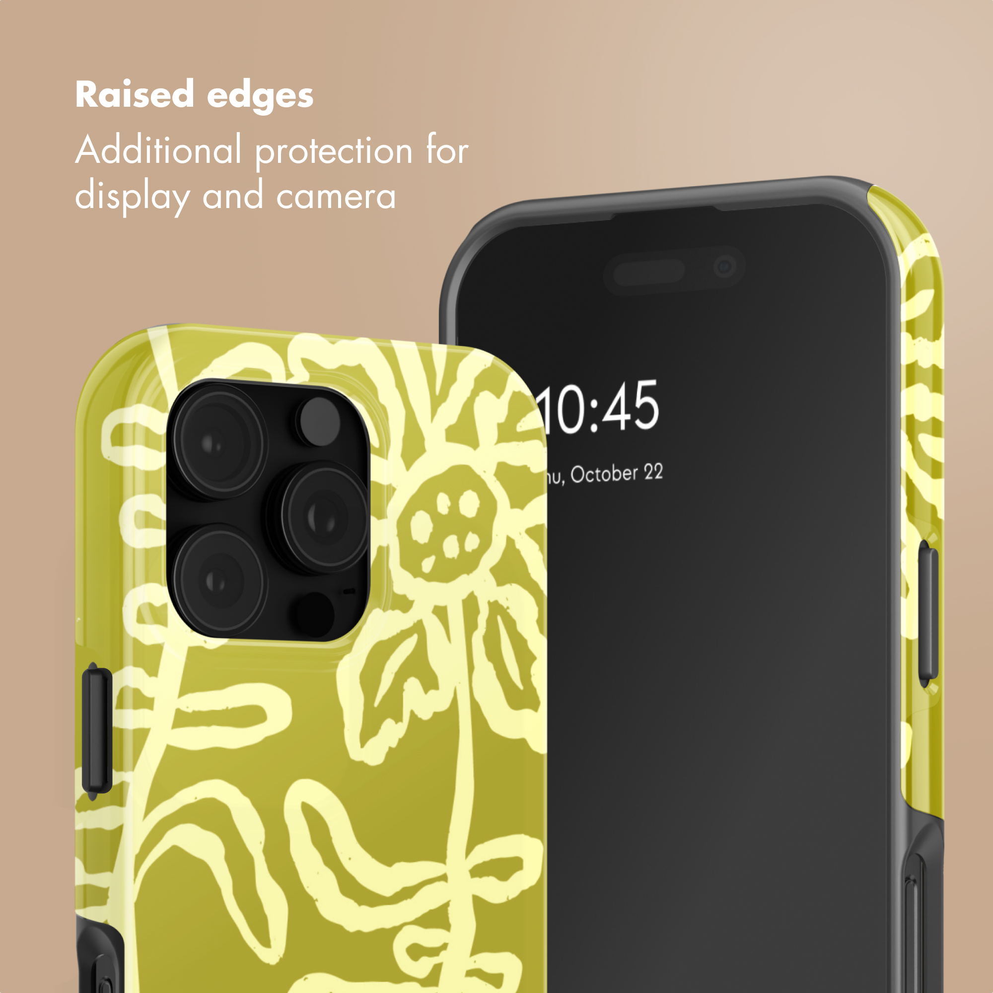 Custodia per telefono con motivo floreale verde e giallo e vista dello schermo.