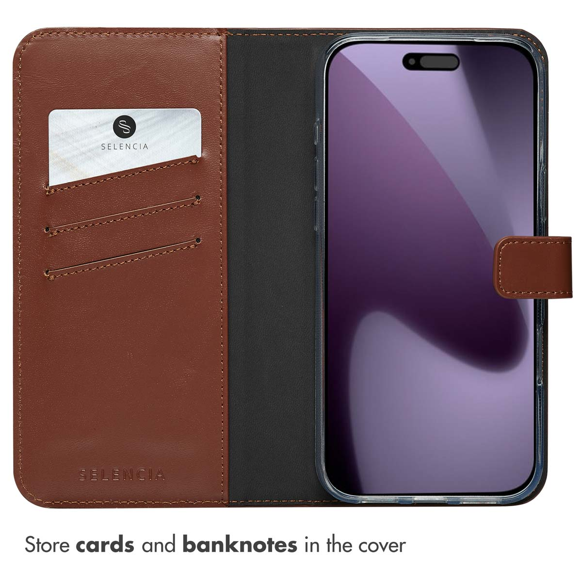 Étui de téléphone en cuir marron avec fentes pour cartes et un smartphone à l'écran vide.