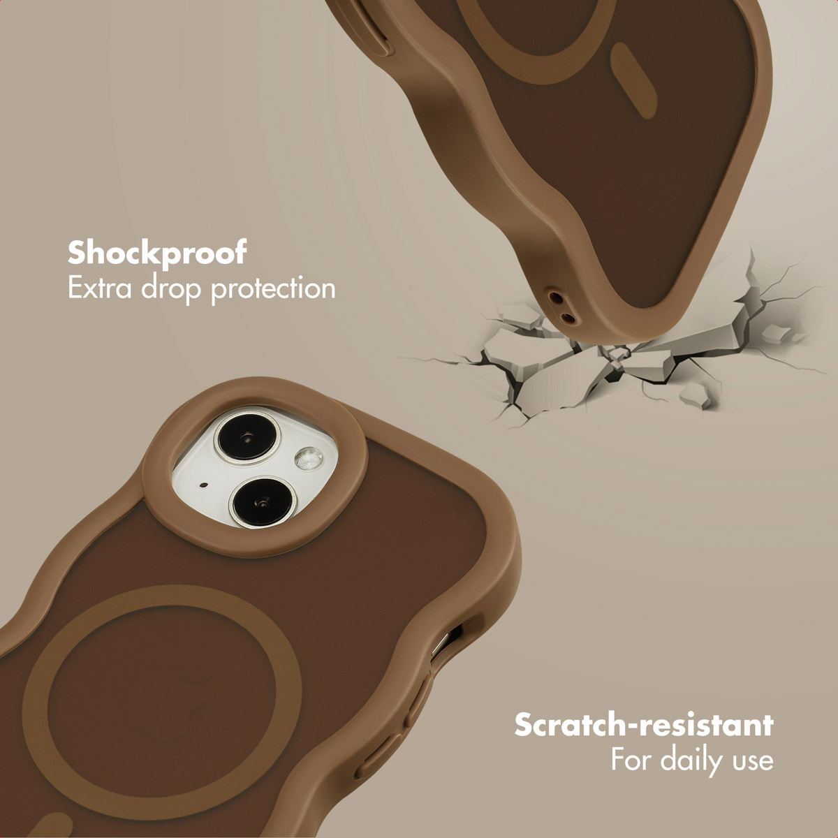 Stoßfeste, kratzfeste braune Handyhülle mit MagSafe-Funktion.