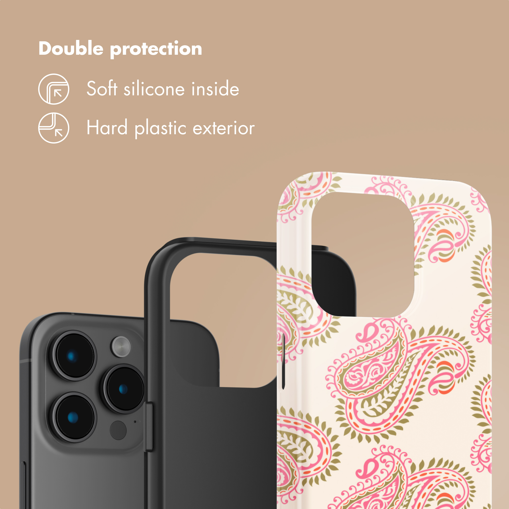 Doppelter Schutz: weiches Silikon innen, harte Plastikaußenseite, mit bunten Handyhüllen und Telefonkameras.