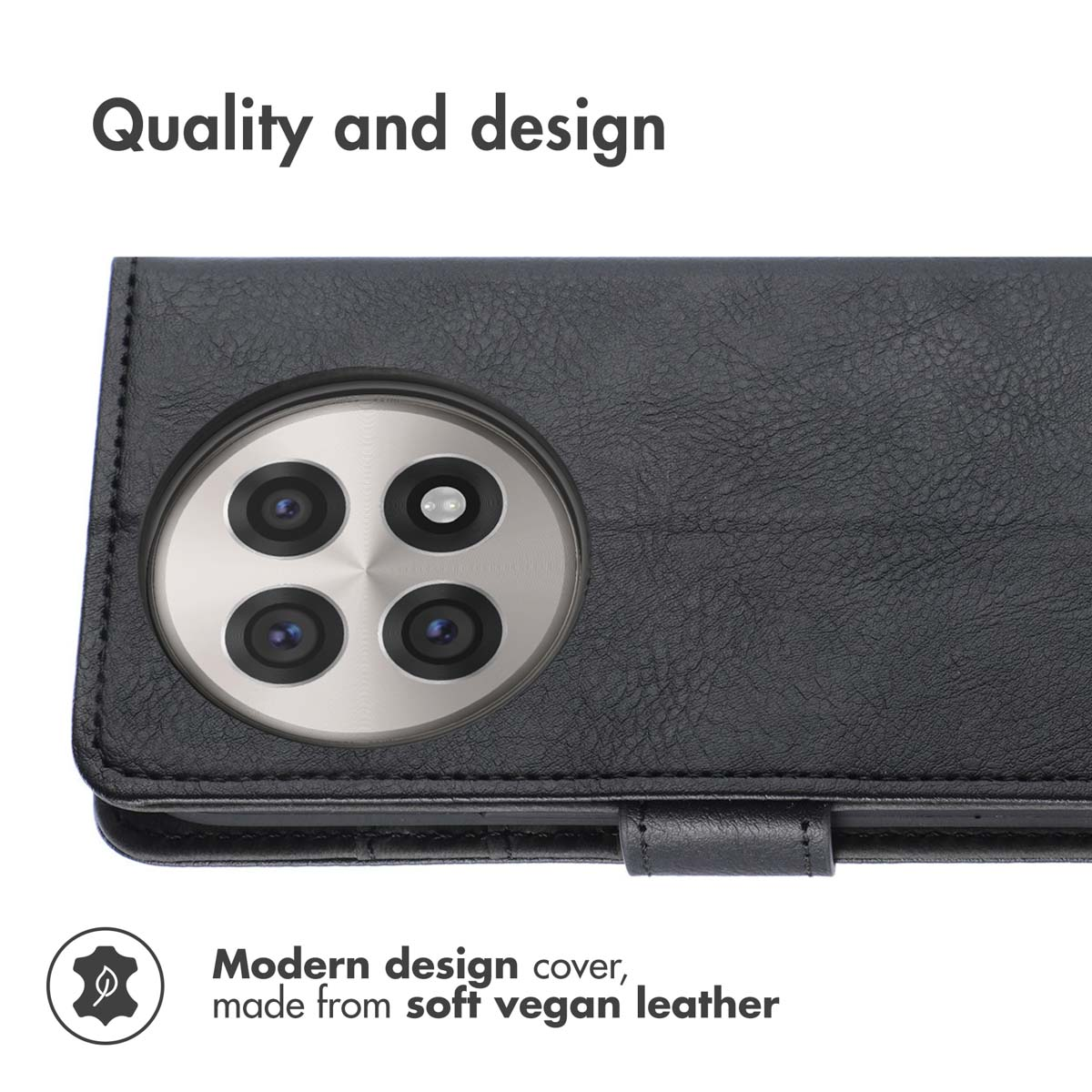 Custodia per telefono in pelle vegana nera con ritaglio circolare per fotocamera.