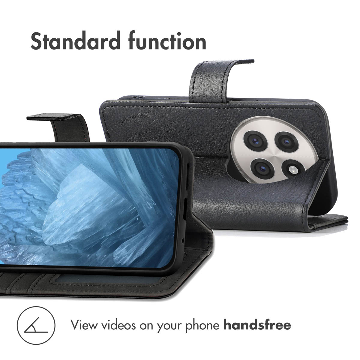 Custodia per telefono in pelle nera con funzione supporto che protegge uno smartphone.