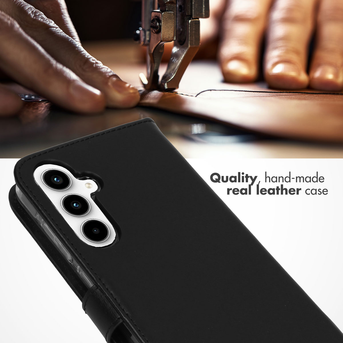 Une coque de smartphone en cuir noir au premier plan, avec du cuir cousu par une machine à coudre en arrière-plan.
