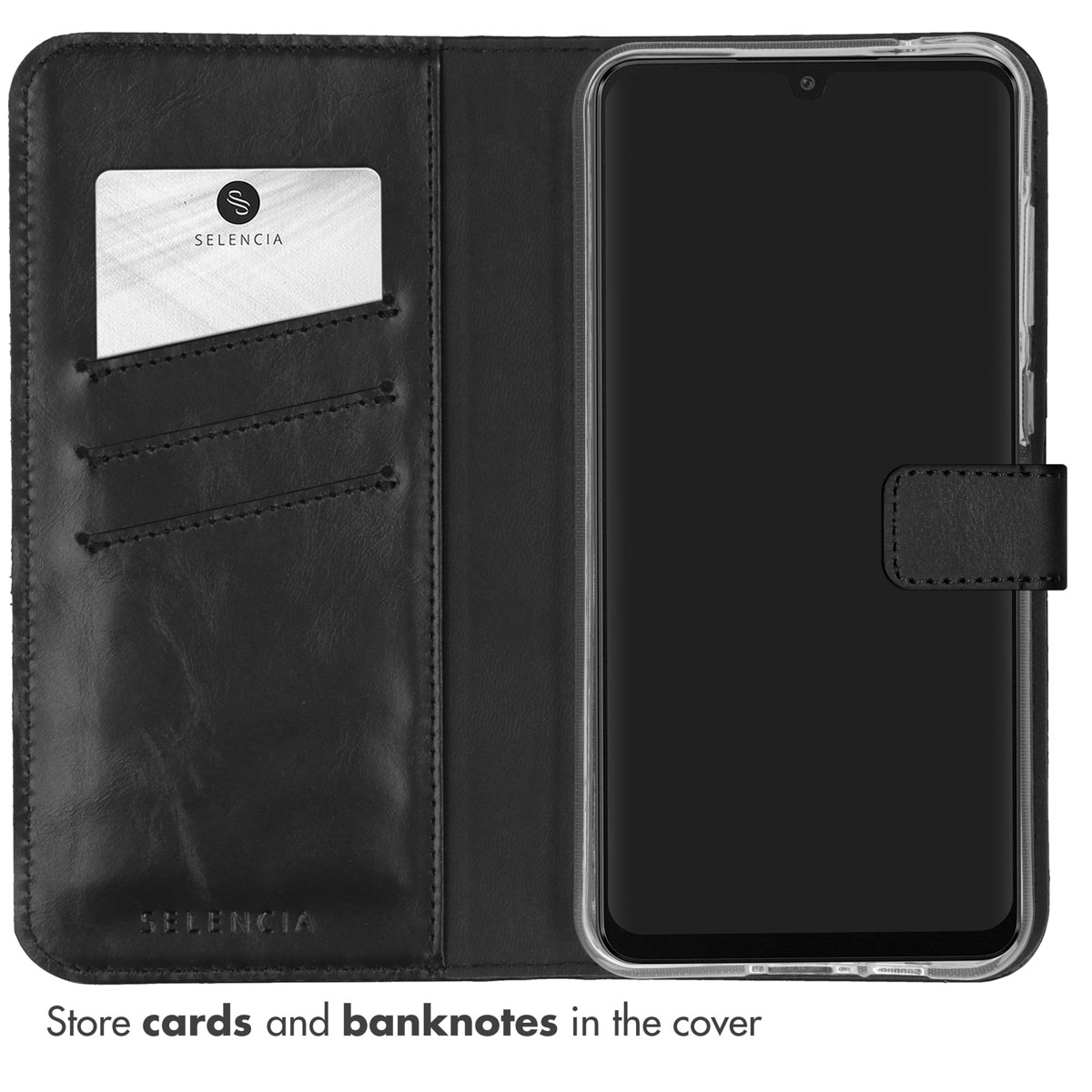 Étui de téléphone en cuir noir ouvert avec fentes pour cartes et smartphone.