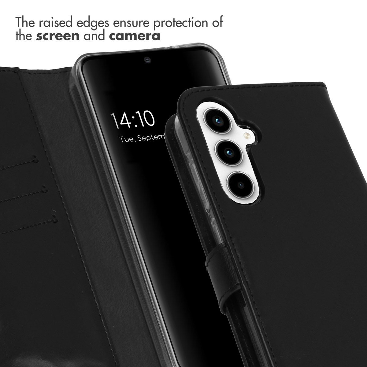 Étui portefeuille de smartphone en cuir noir montrant l'écran et le triple appareil photo.