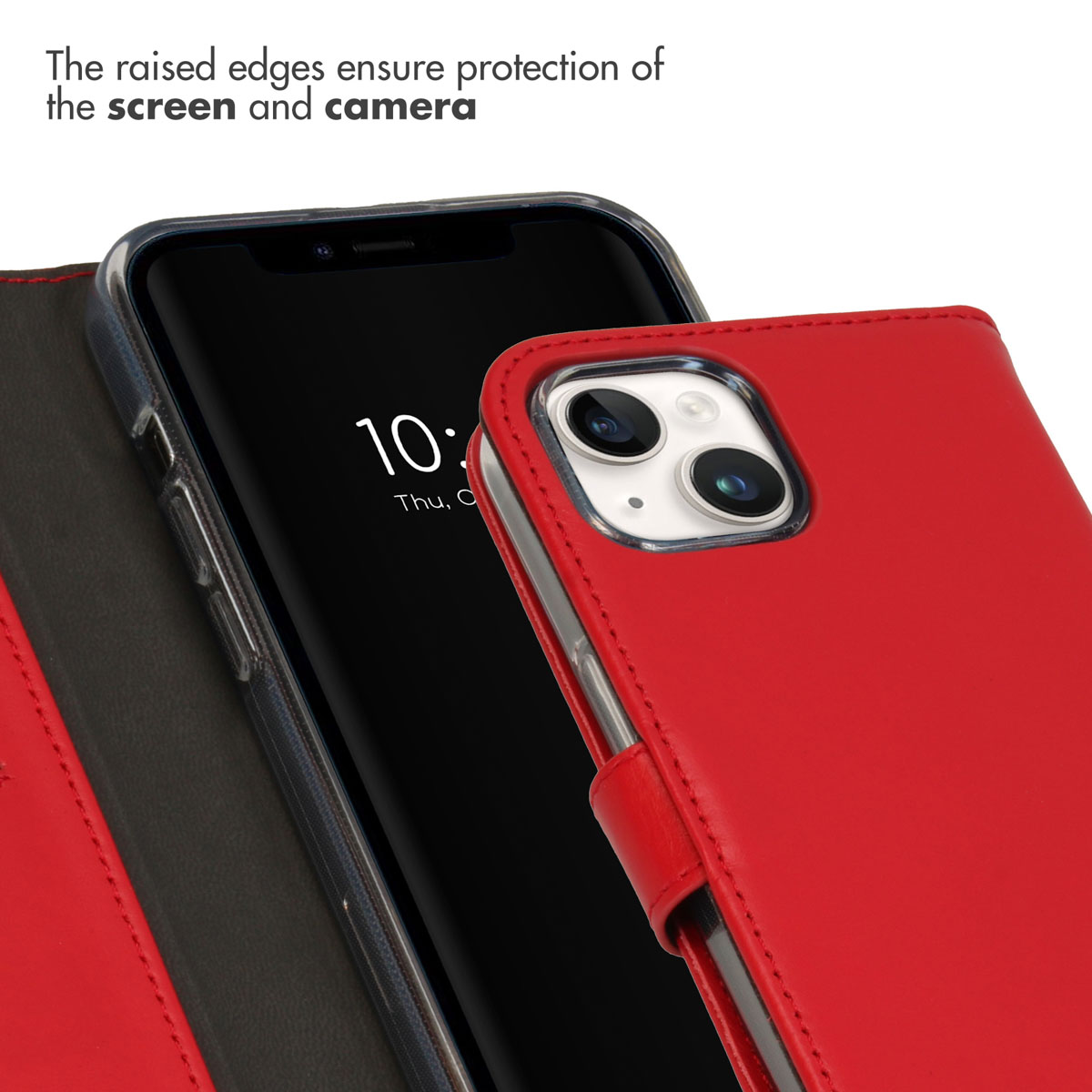 A red leather phone case highlights the rear camera and screen of a smartphone on a white background.