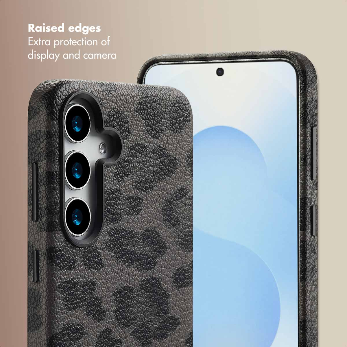 Smartphone con aspecto de cuero gris y bordes elevados para proteger la pantalla y la cámara.
