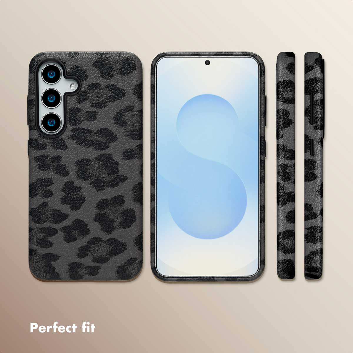 Cuatro vistas de un smartphone con funda de leopardo gris sobre fondo neutro con texto "Perfect fit".