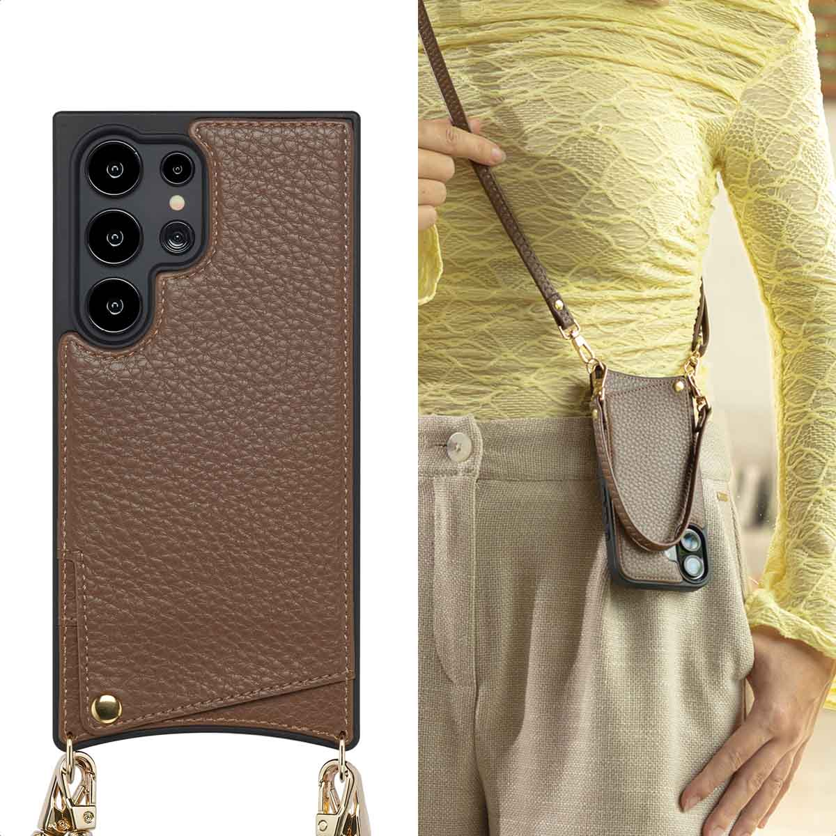 Funda de cuero marrón para smartphone con correa y tarjetero.