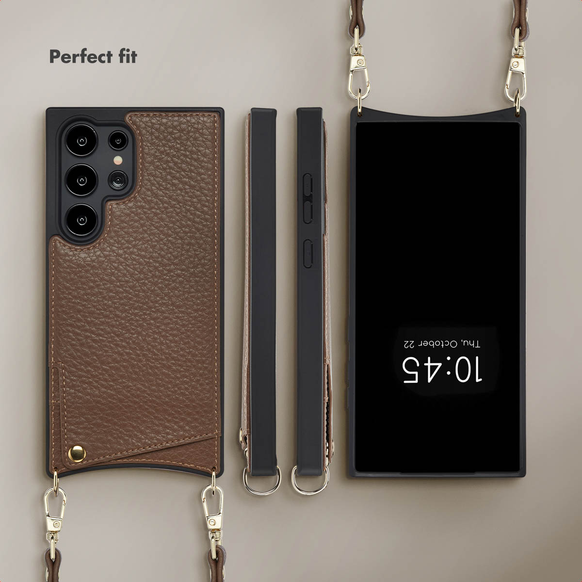 Funda de teléfono de cuero marrón con soporte y correa, mostrada desde múltiples ángulos.