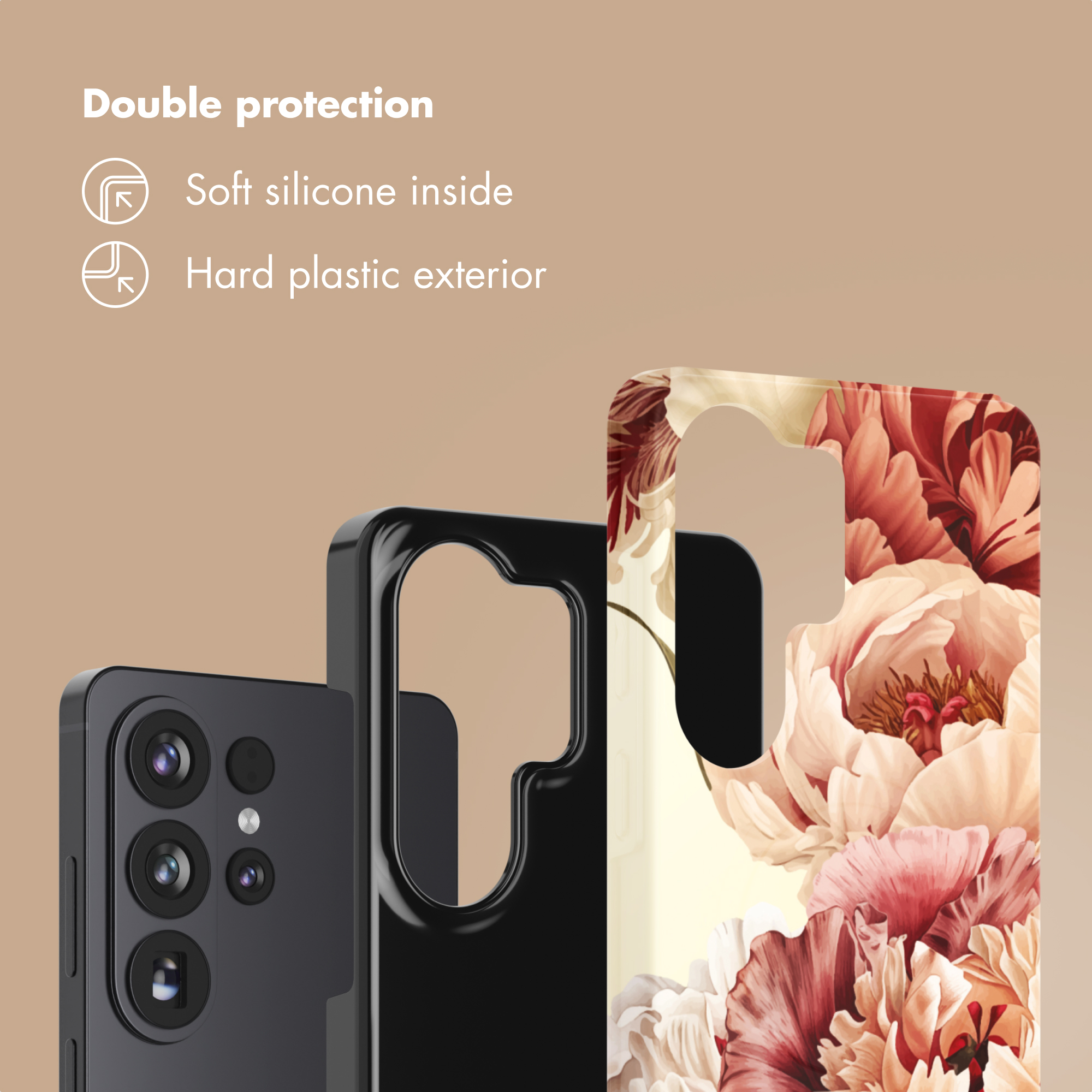 Doble protección: silicona suave por dentro, exterior de plástico duro, mostrado con fundas.
