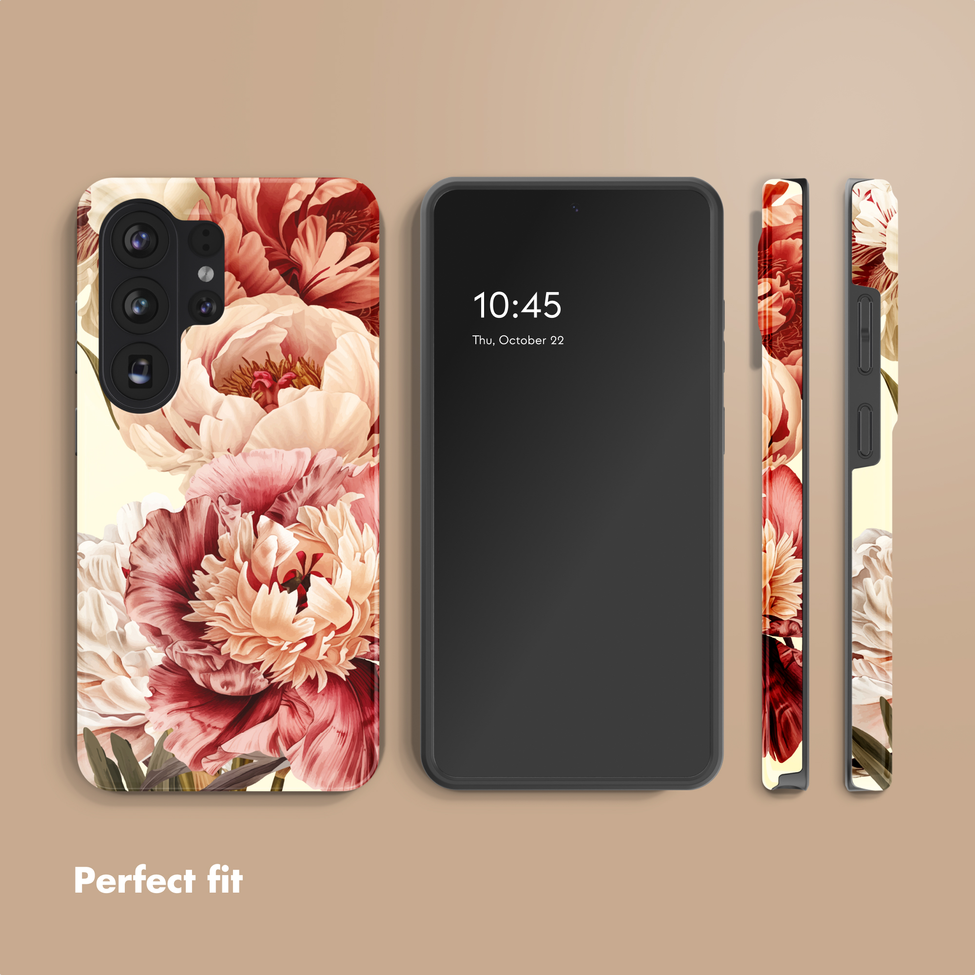 Un teléfono inteligente con una funda con patrón floral rojo y blanco sobre fondo beige.