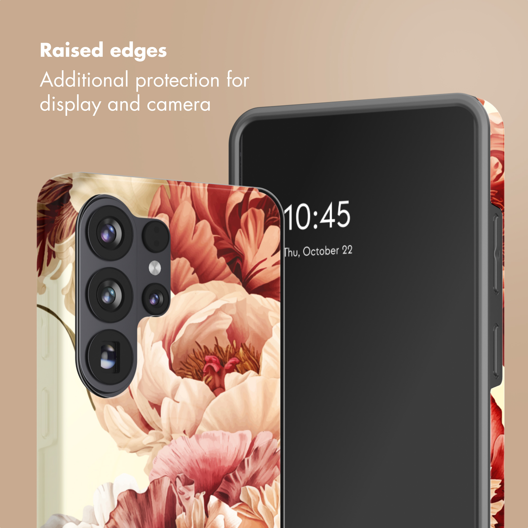 Smartphone con funda floral, texto: Bordes elevados, Protección adicional para pantalla y cámara.