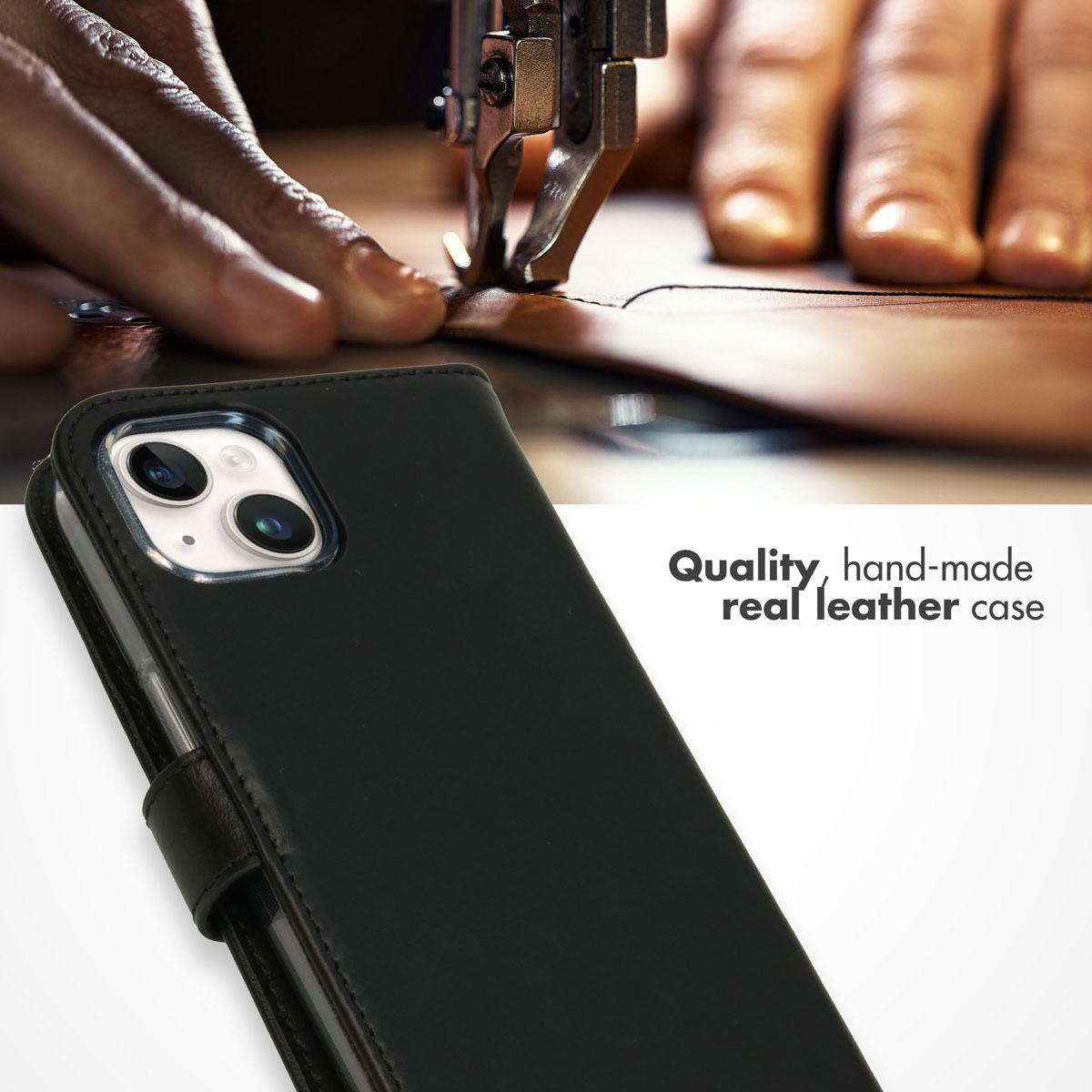 Handmade black real leather phone case in front of a sewing machine.