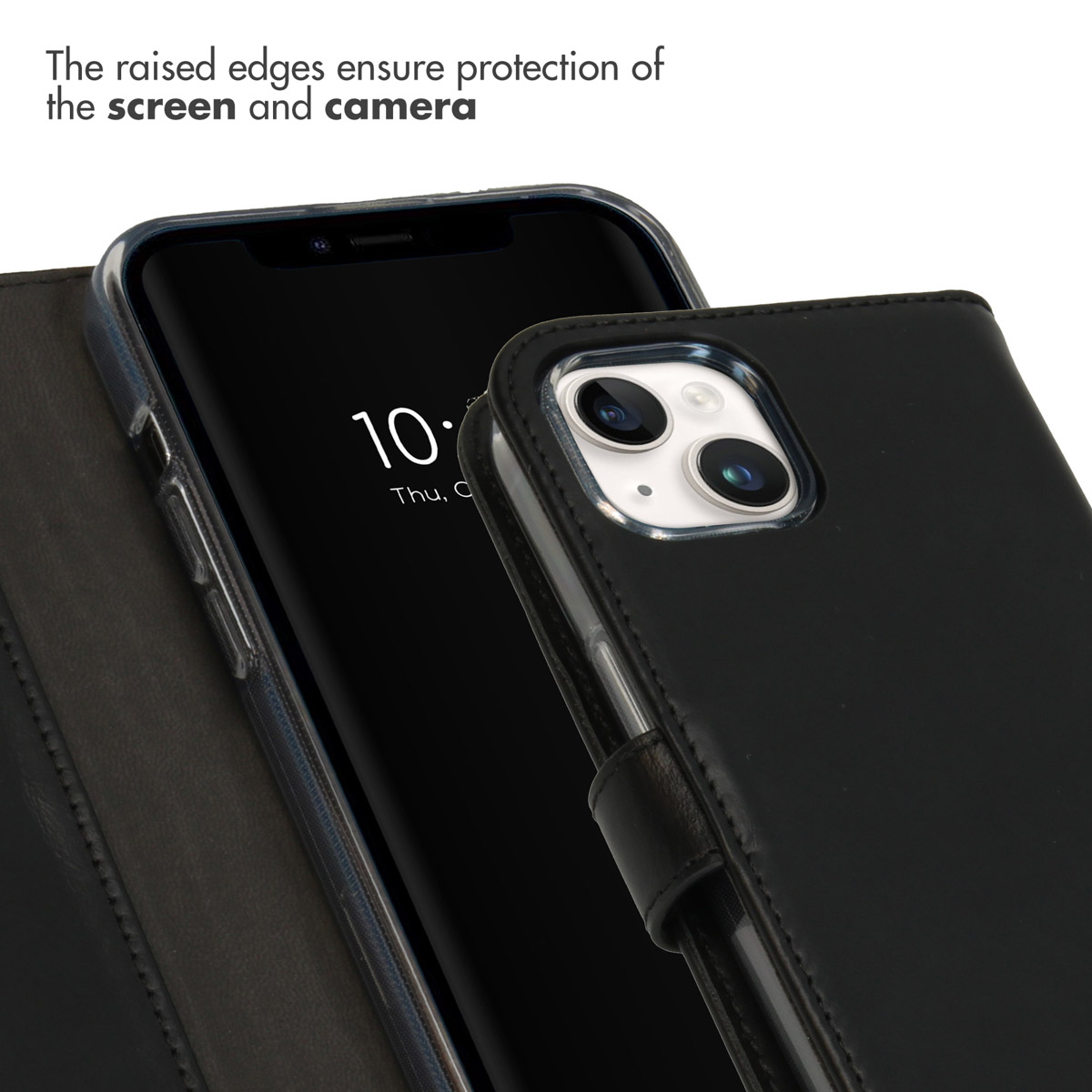 Raised edges protect the screen and camera of a black smartphone in a case.