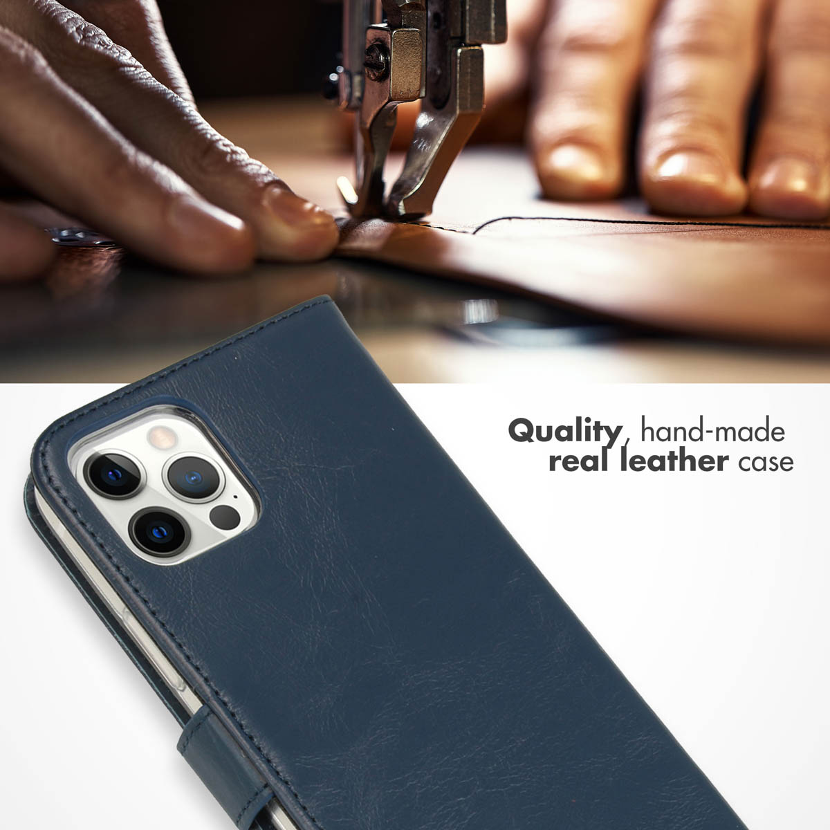 Una mano cose cuero, debajo hay una funda de cuero azul para teléfono con texto.