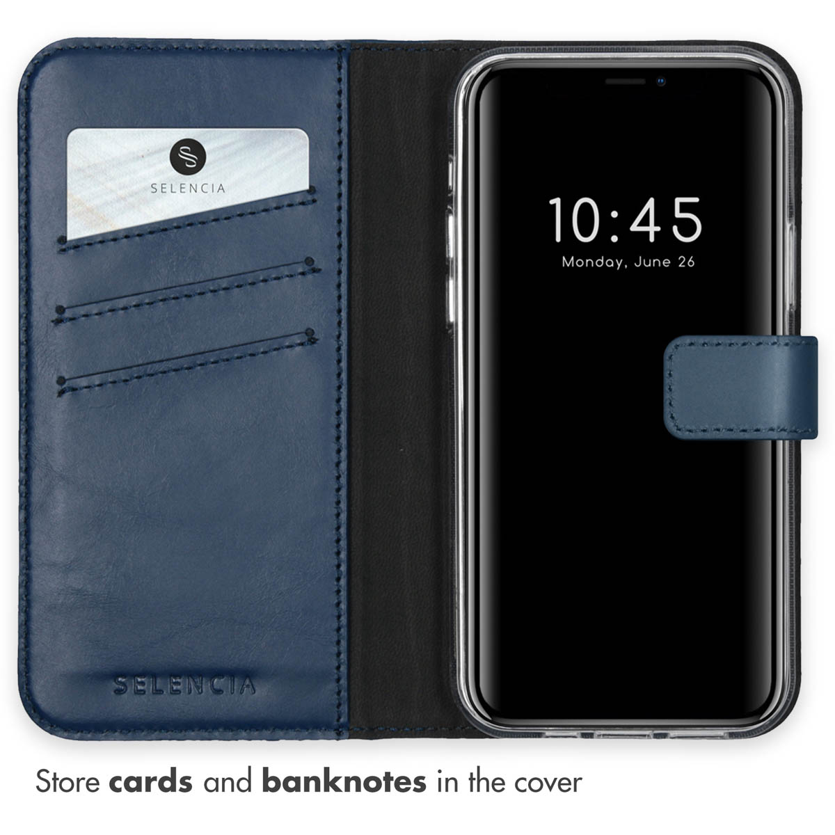 Fundadora de cuero azul abierta con tarjeteros y un teléfono inteligente a la derecha.
