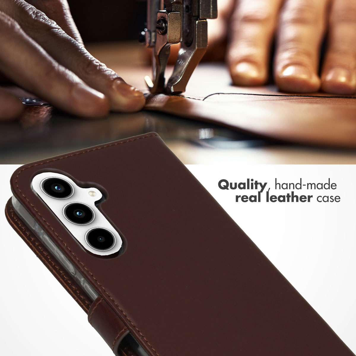 Une coque en cuir marron sous des mains cousant du cuir à la machine, avec du texte sur la qualité.
