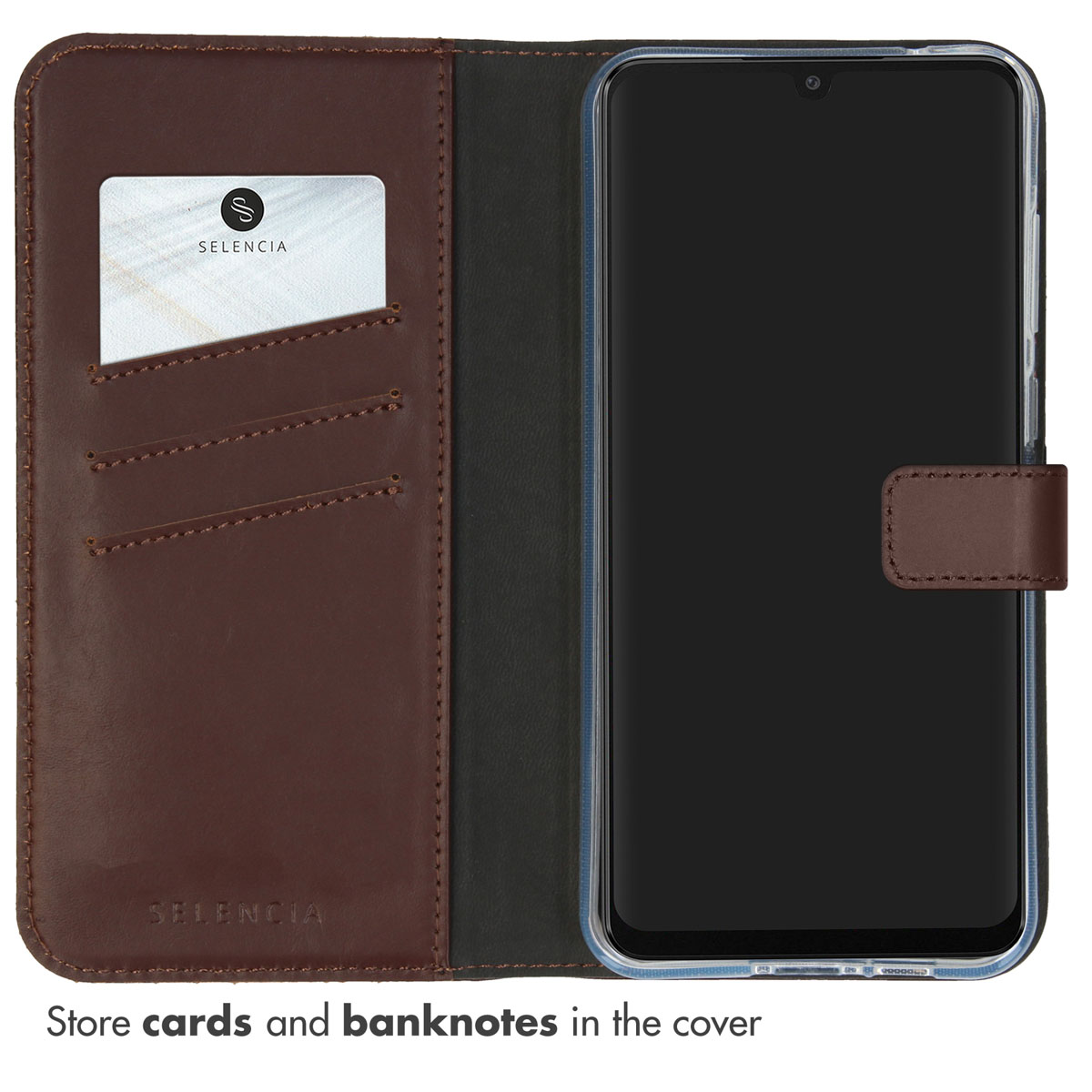 Étui de téléphone en cuir marron avec fentes pour cartes et smartphone.