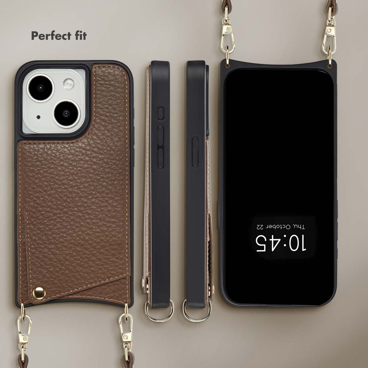 Bruine leren telefoonhoesje met verstelbare riem en vakje.