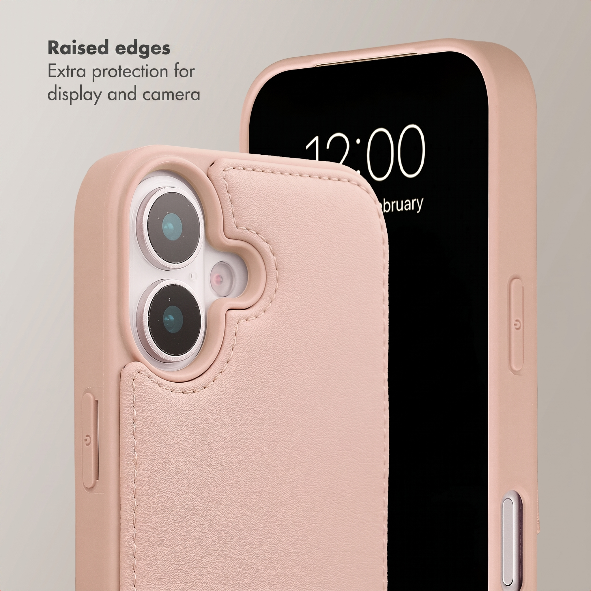 Funda rosa con bordes elevados que protegen la cámara y la pantalla, con texto sobre protección.
