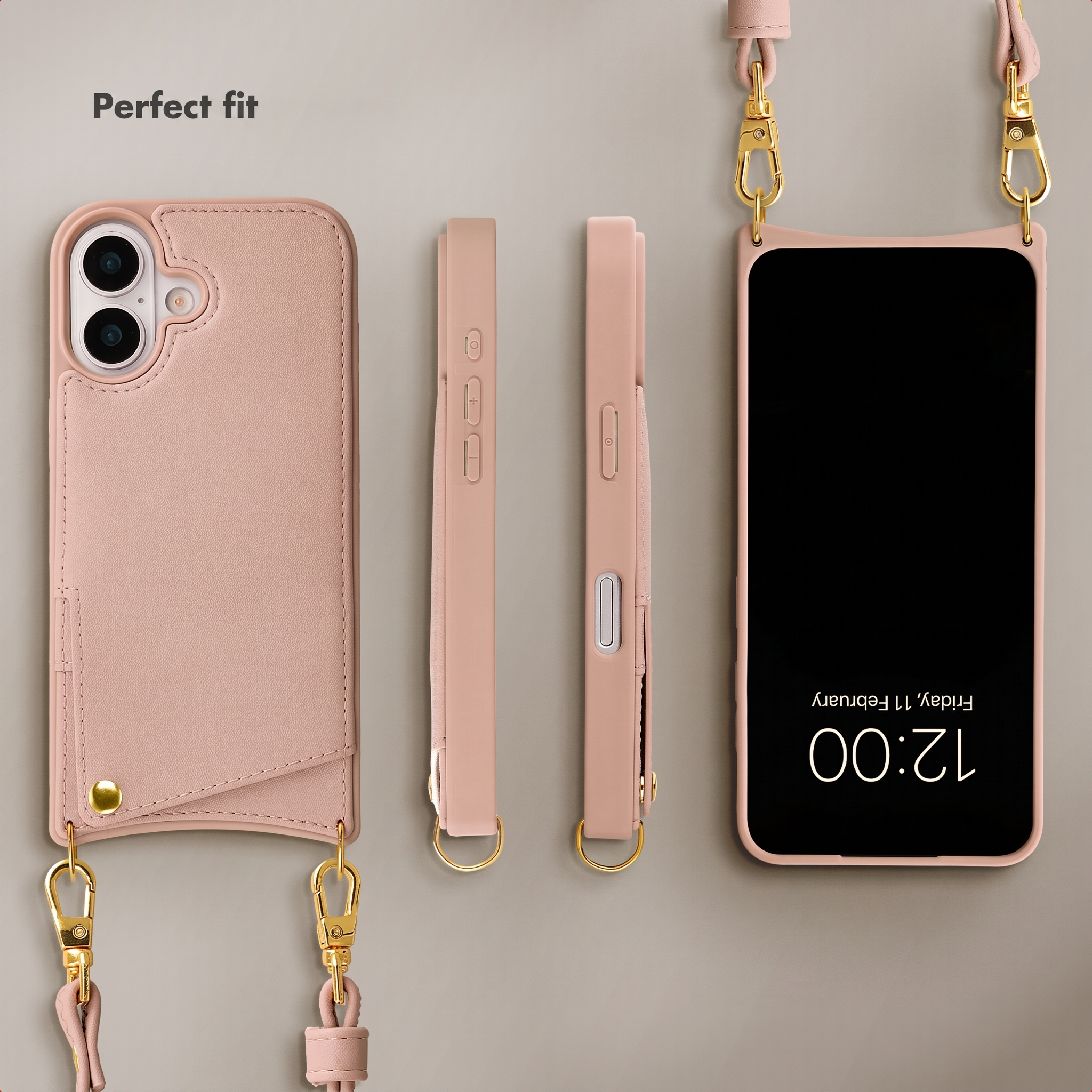 Funda de móvil rosa con tarjetero y detalles dorados, mostrada desde varios ángulos con correa.
