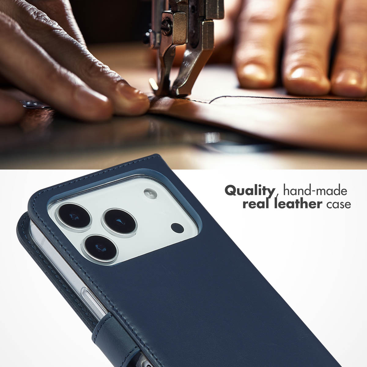 Artigiano che cuce la pelle per una custodia in pelle blu per smartphone.