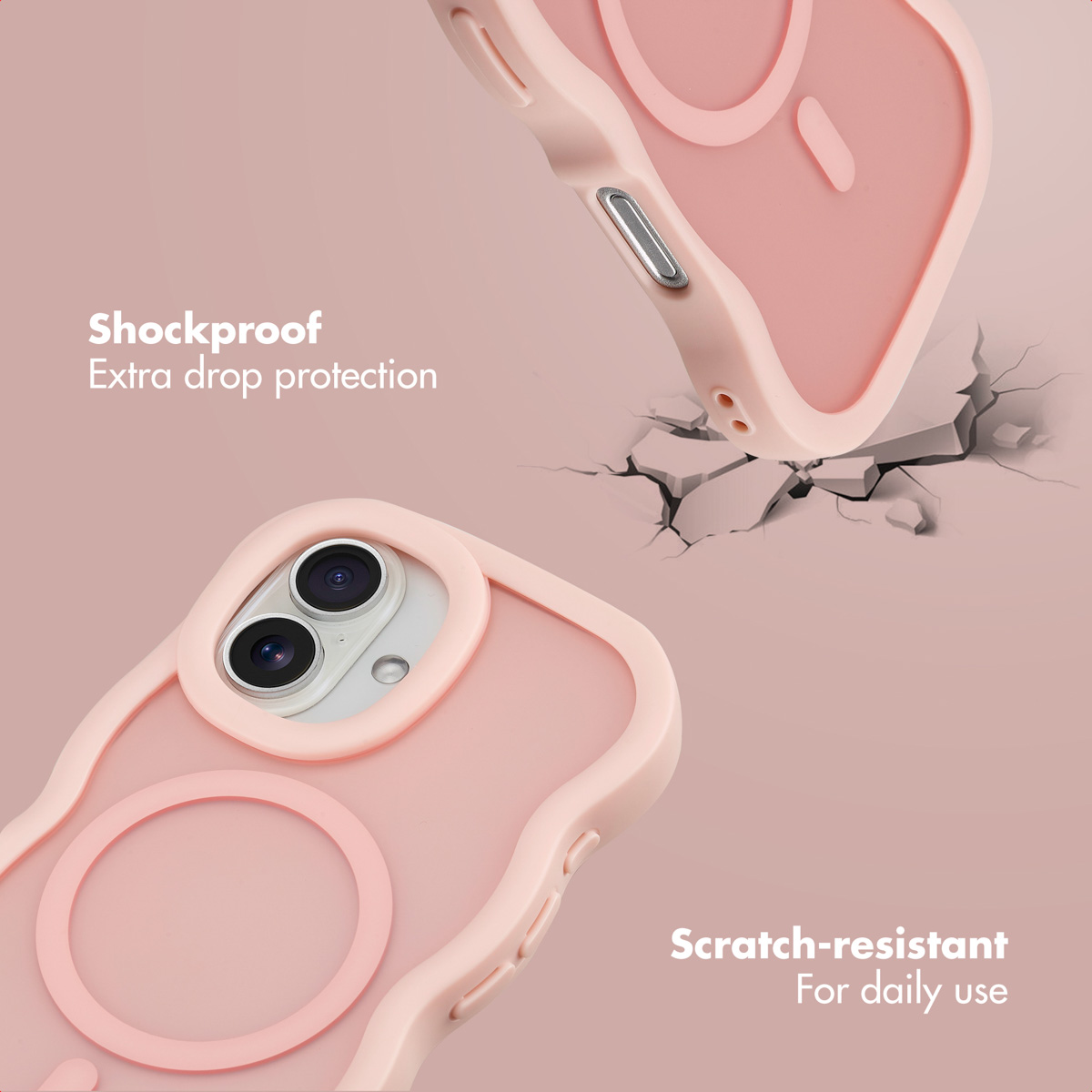 Custodia per telefono rosa con anello MagSafe, antiurto e antigraffio.