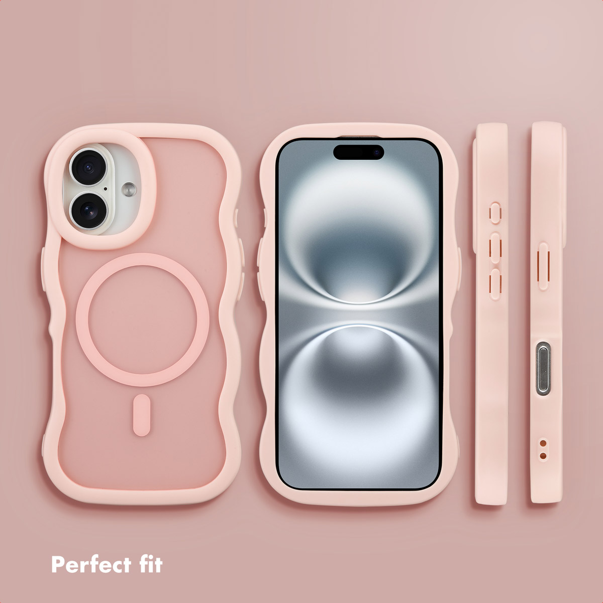 Una custodia rosa per cellulare mostrata da varie angolazioni con telefono su sfondo rosa.