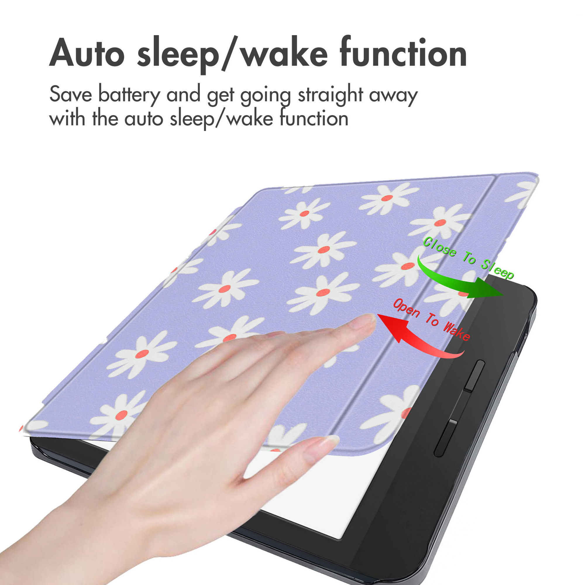 Een hand opent een paarse e-readerhoes met witte madeliefjes, met de automatische slaap-/waakfunctie.