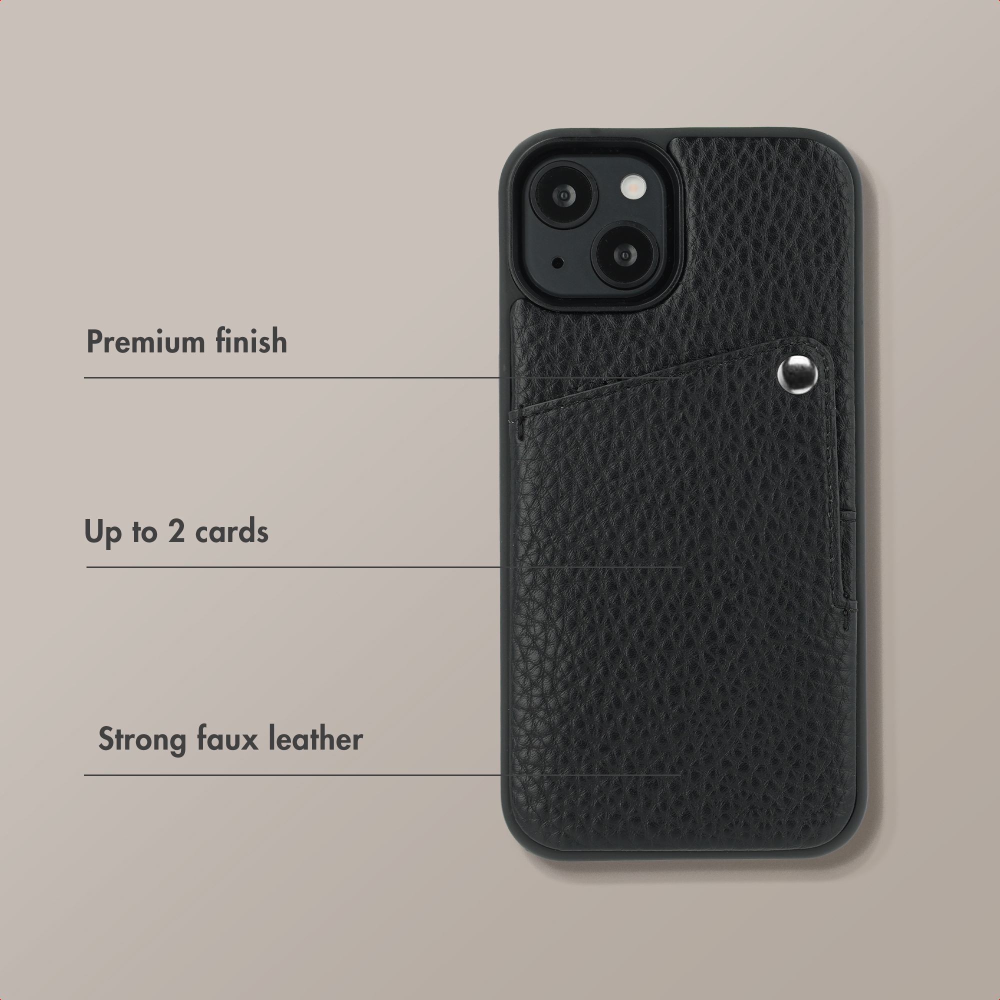 Coque de téléphone en similicuir noir avec poche pour cartes, bouton-pression et découpe pour appareil photo.