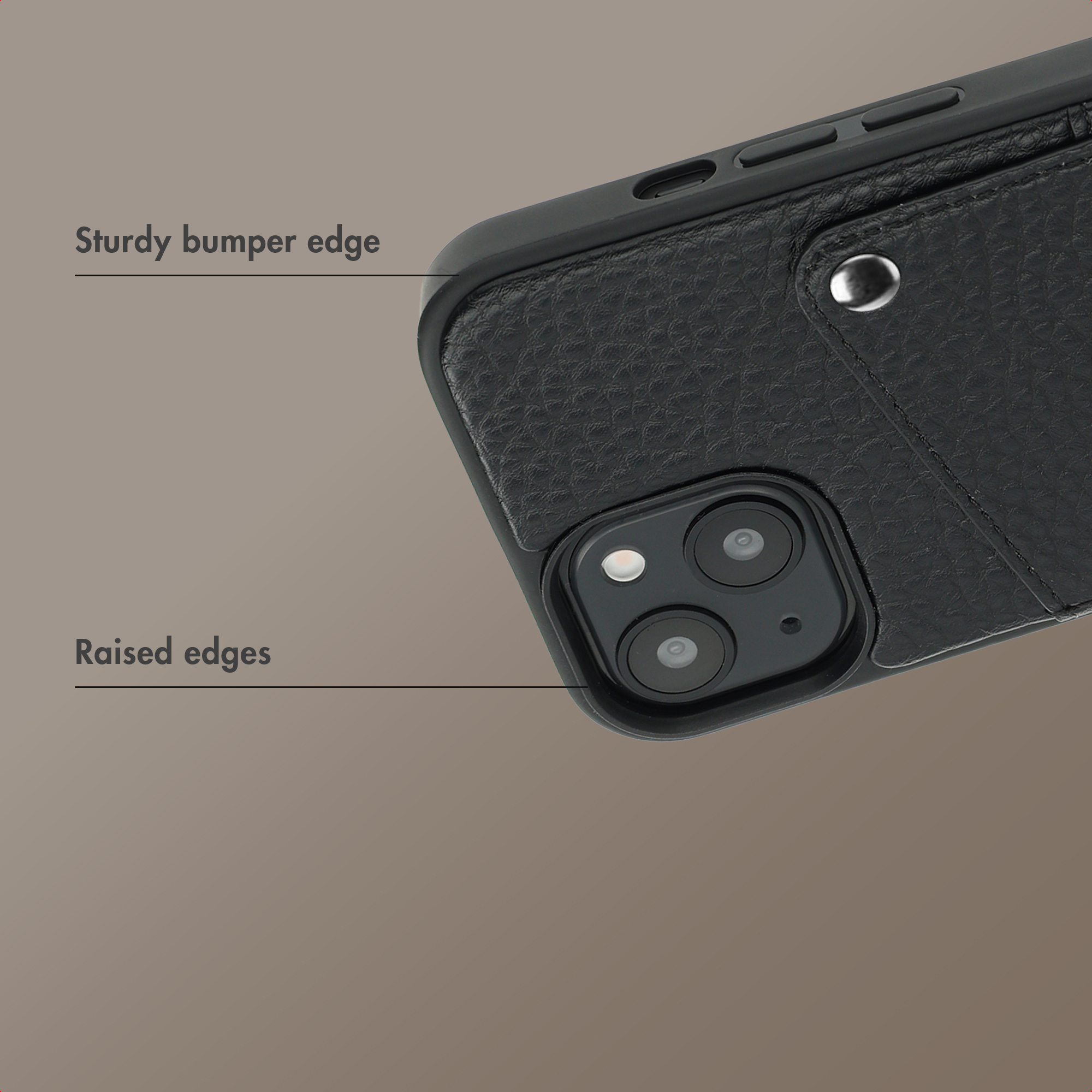 Coque de téléphone en cuir noir avec bord de protection robuste et bords surélevés.