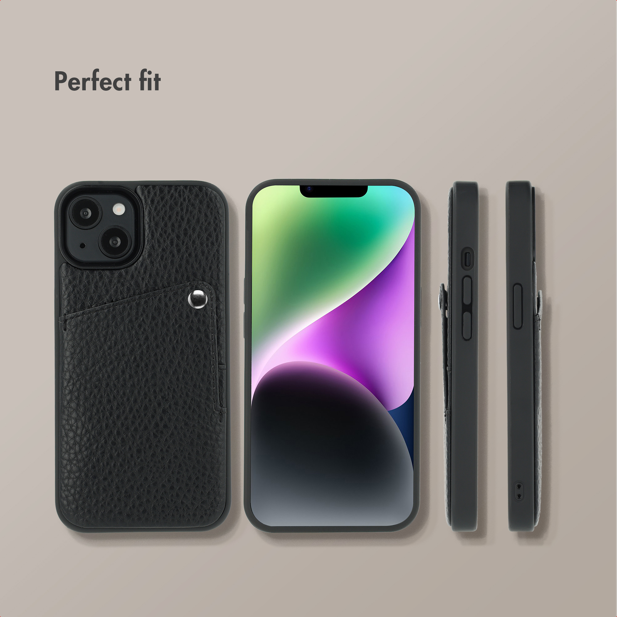 Coque de téléphone en cuir noir avec poche arrière sous plusieurs angles.