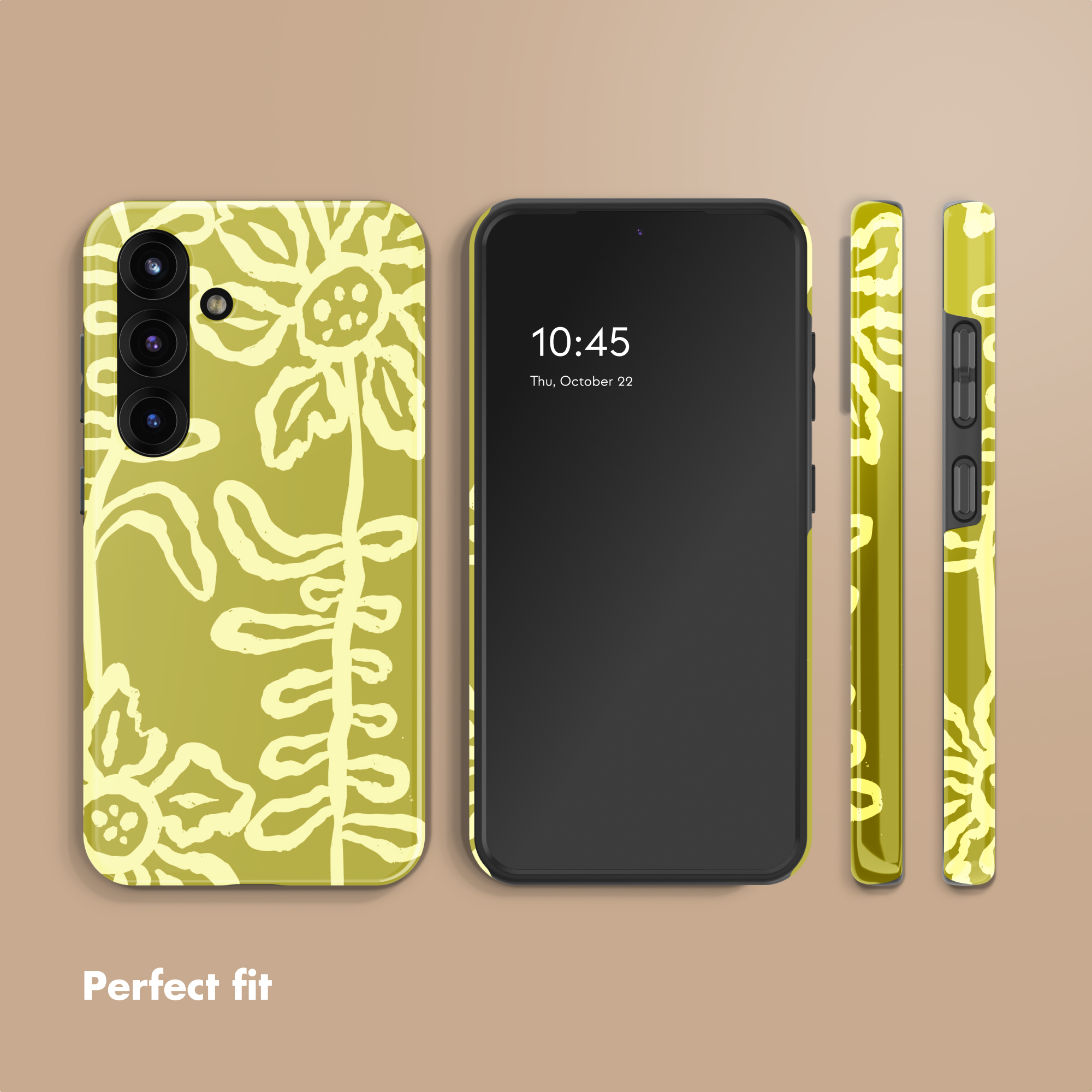 Un teléfono inteligente con una funda protectora de patrón floral amarillo, visto desde múltiples ángulos.