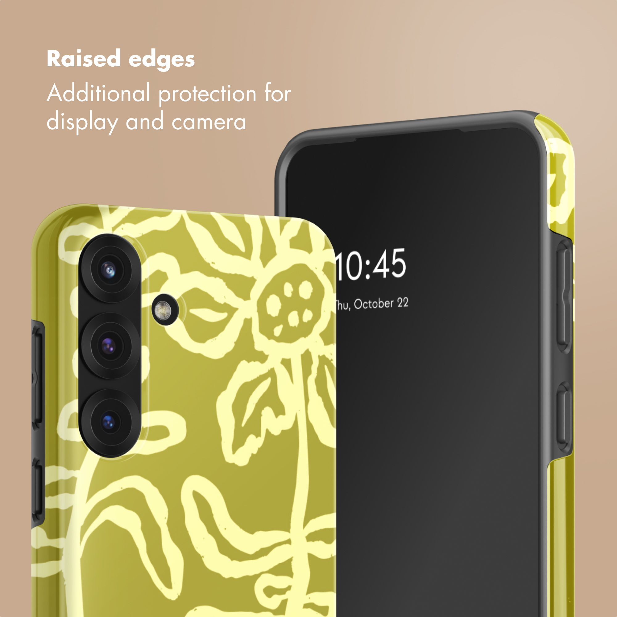 Smartphone con funda protectora verde oliva con diseño floral blanco y bordes elevados.