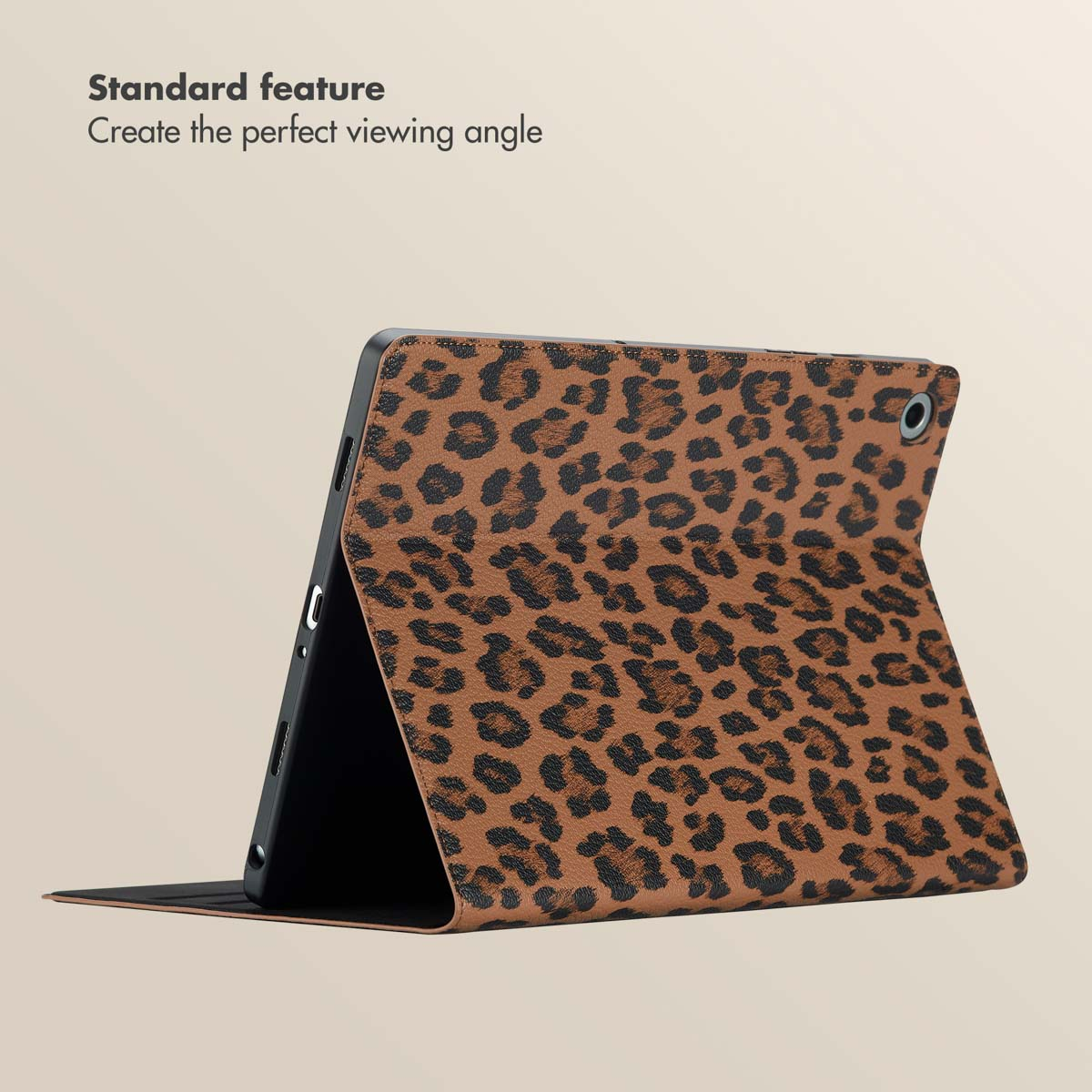 A tablet in a brown leopard-print case stands on a light background with text above.