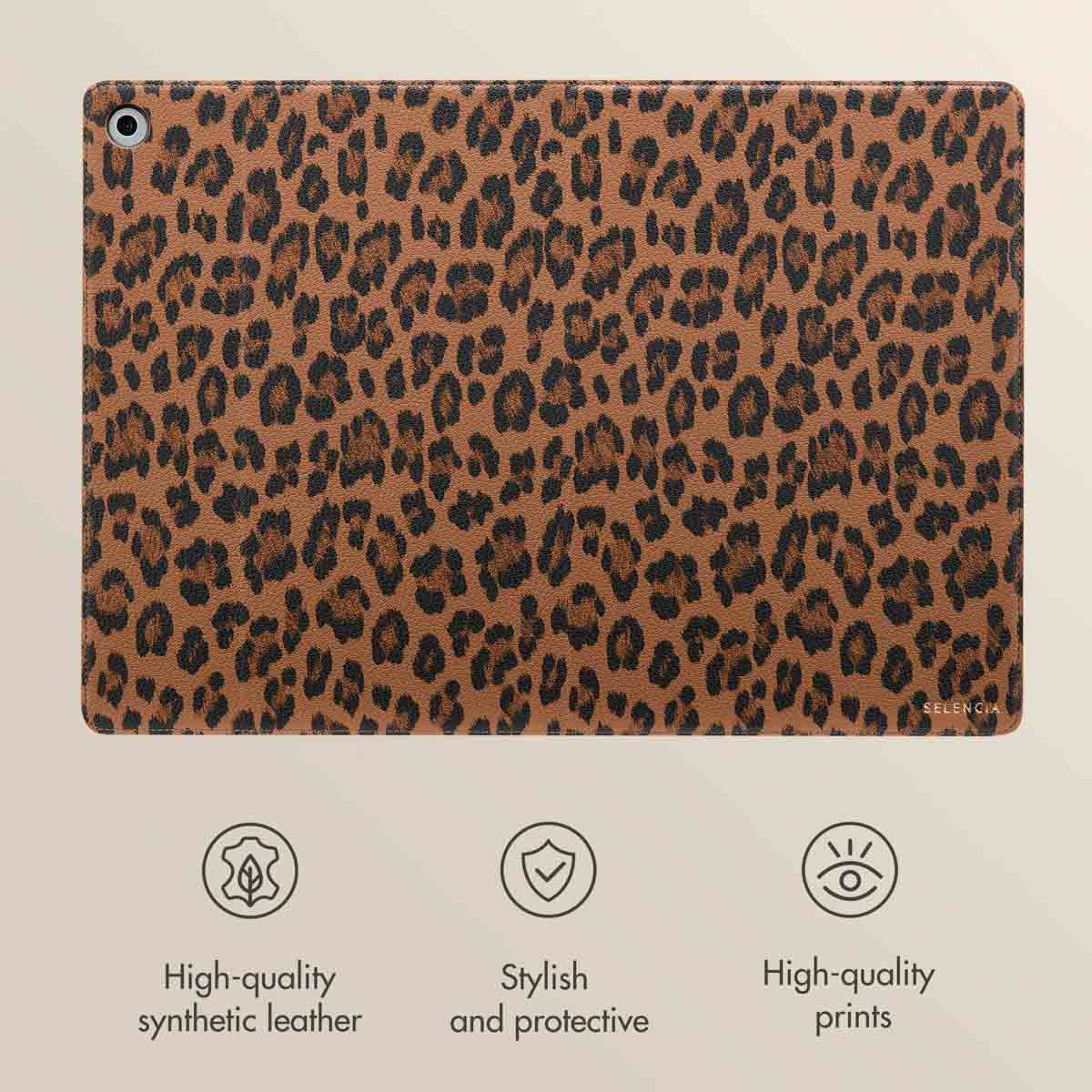 A leopard print tablet case with three feature icons below it for synthetic leather, protection, and high-quality prints.
