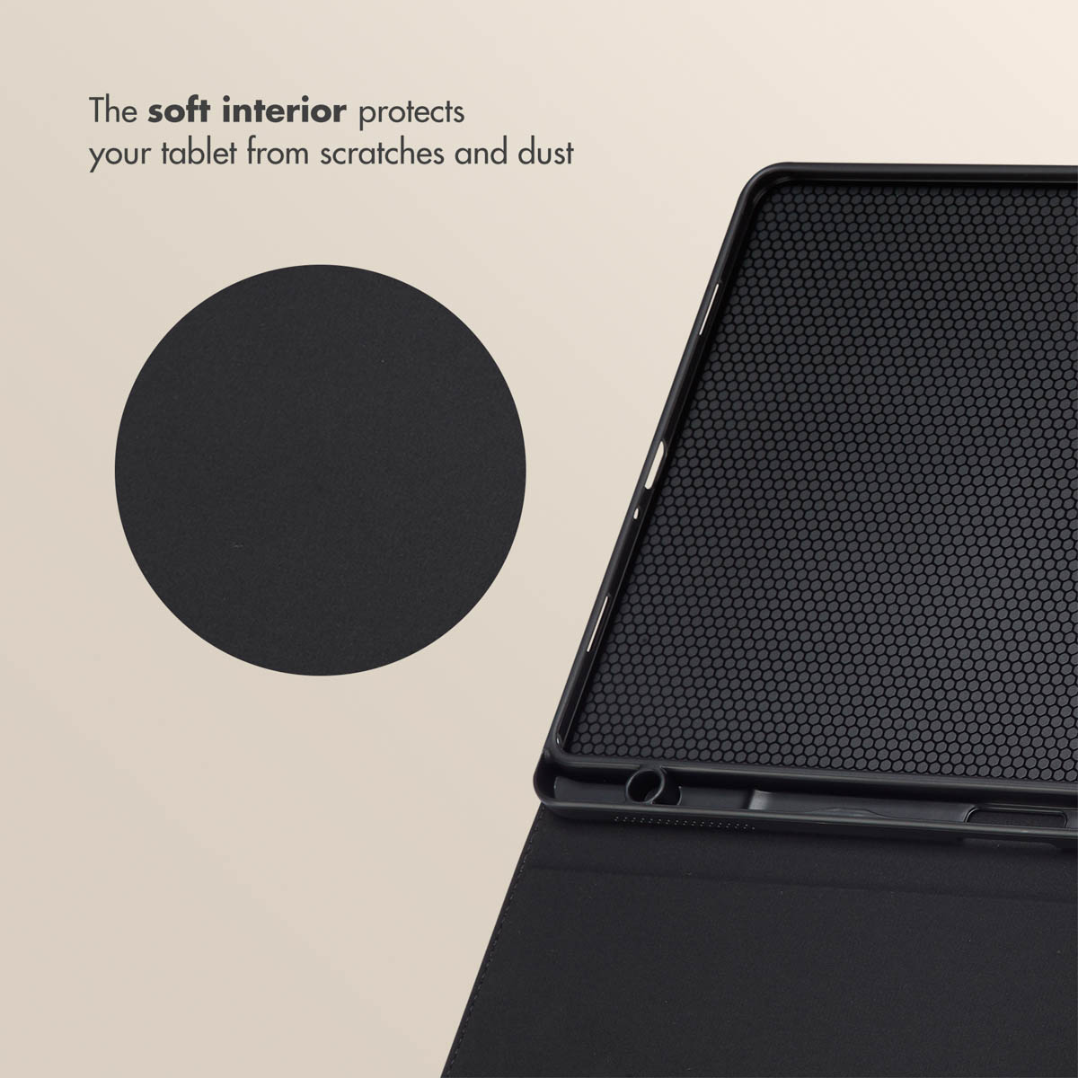 A black tablet case with honeycomb interior lining protects the device.