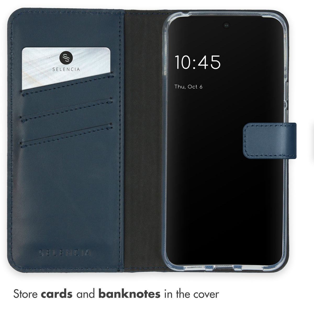 Custodia per telefono in pelle blu con tasche per carte e smartphone aperto.