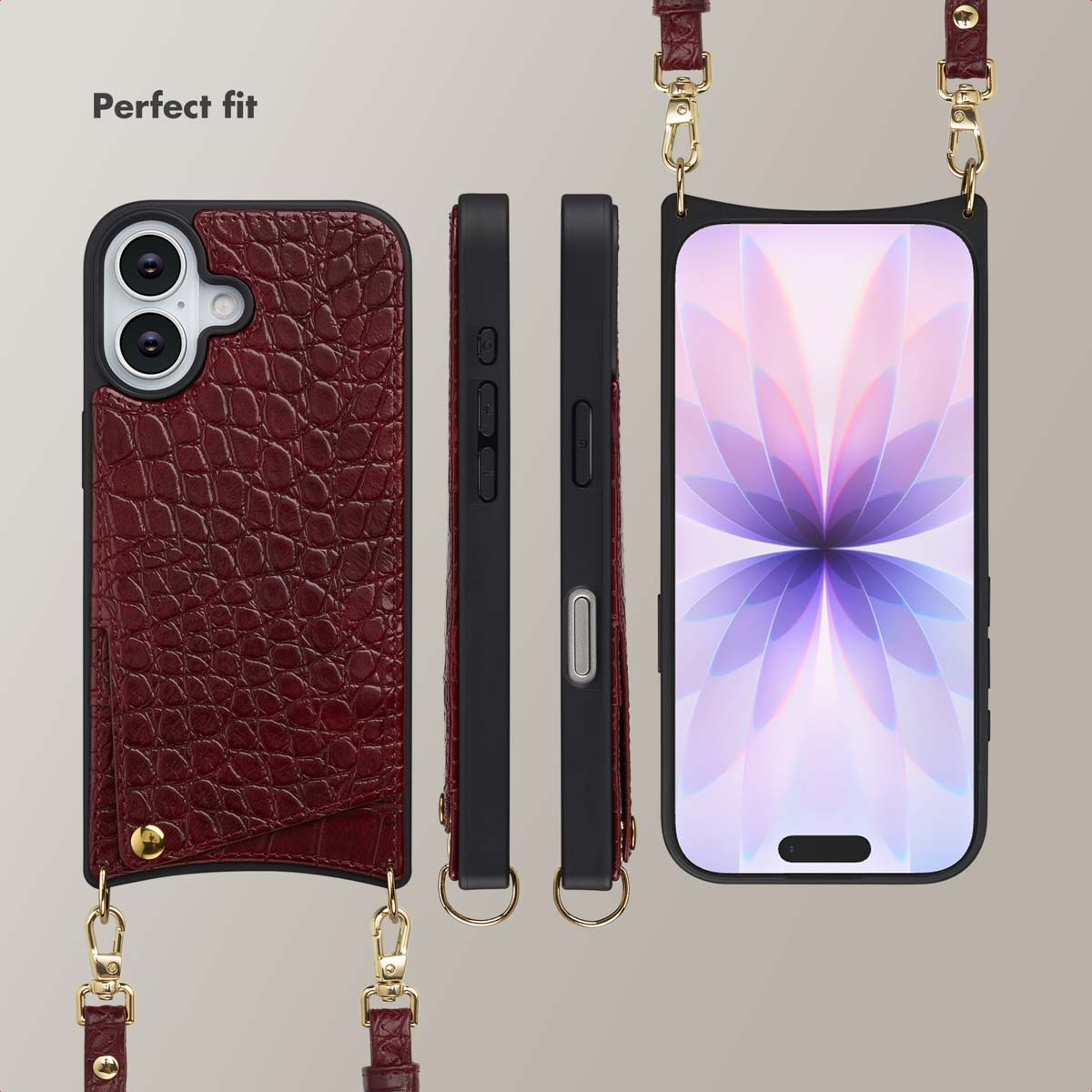 Custodia per telefono in pelle di coccodrillo rossa con porta carte, pulsanti laterali e cinturino.